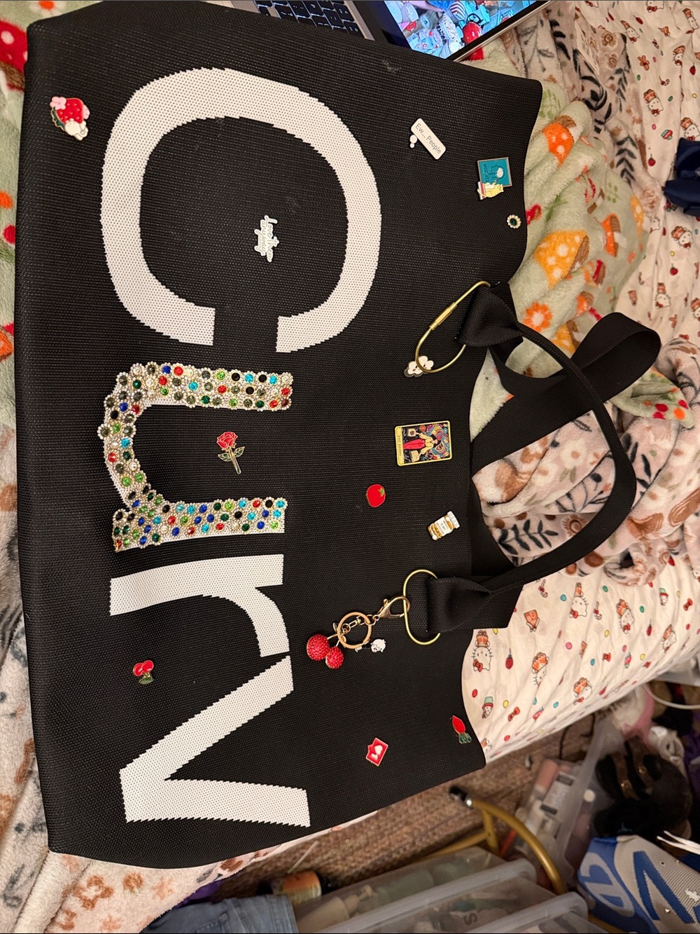 Black Embellished Large Tote Bag with Decorative Pins